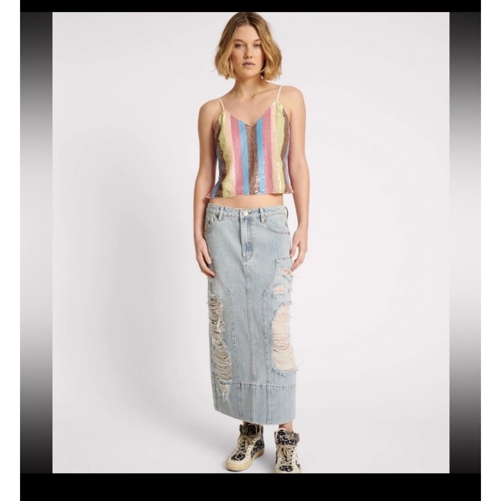 One Teaspoon Womens Y2K Distressed Denim Maxi Skirt Ripped Size 25 Grunge Boho